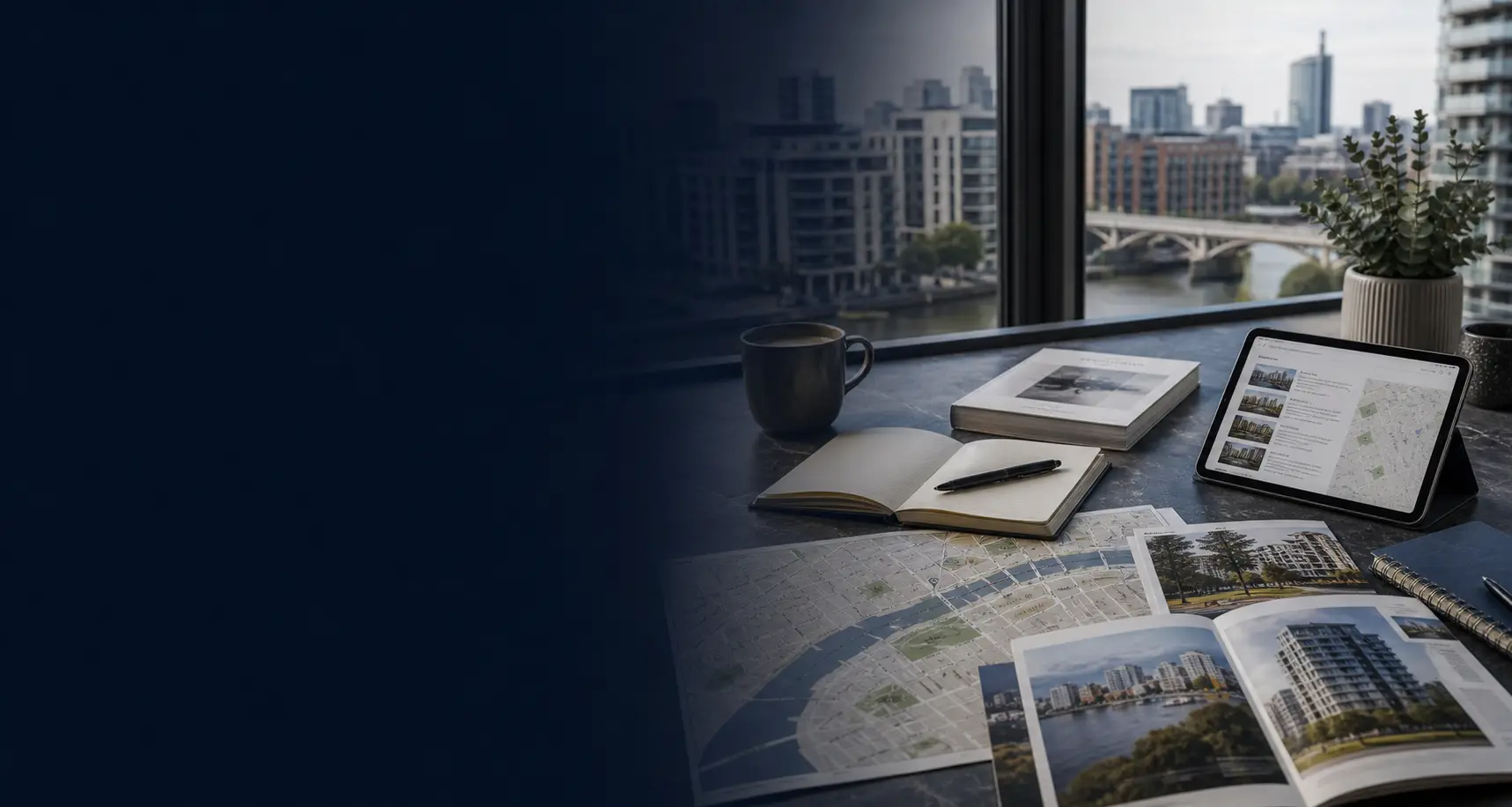 Battersea property research materials and local guide notes beside a riverside apartment view
