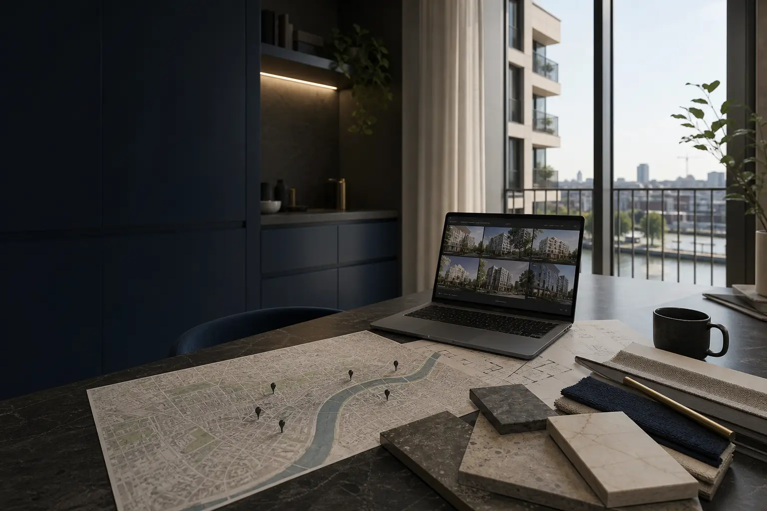 Battersea new-build search materials with a map, laptop, and apartment samples