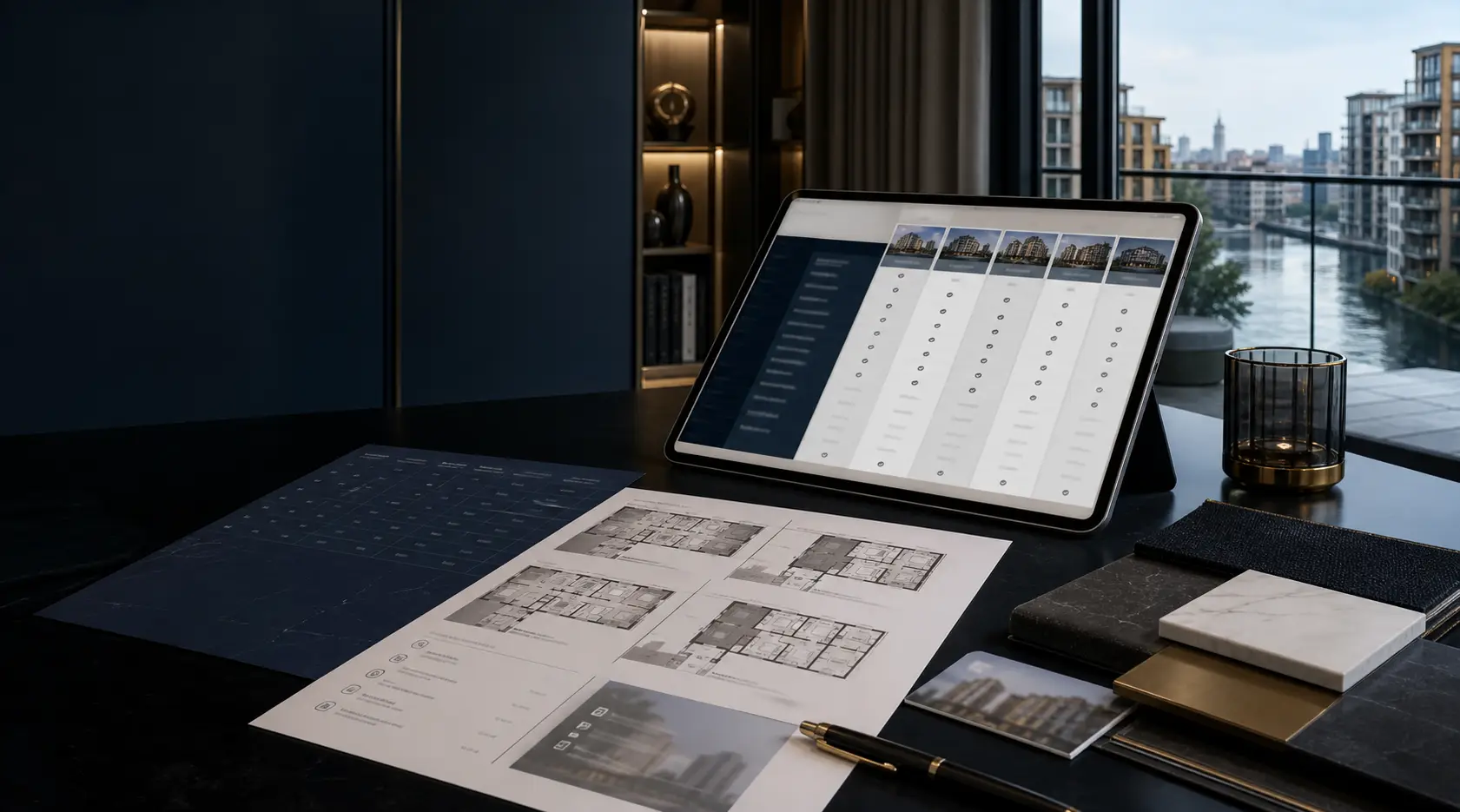 Battersea new-build comparison materials with a tablet, floorplans, and apartment samples