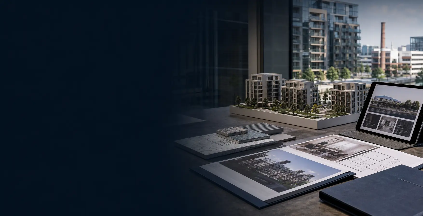 Architectural model and development listing materials in a modern sales suite