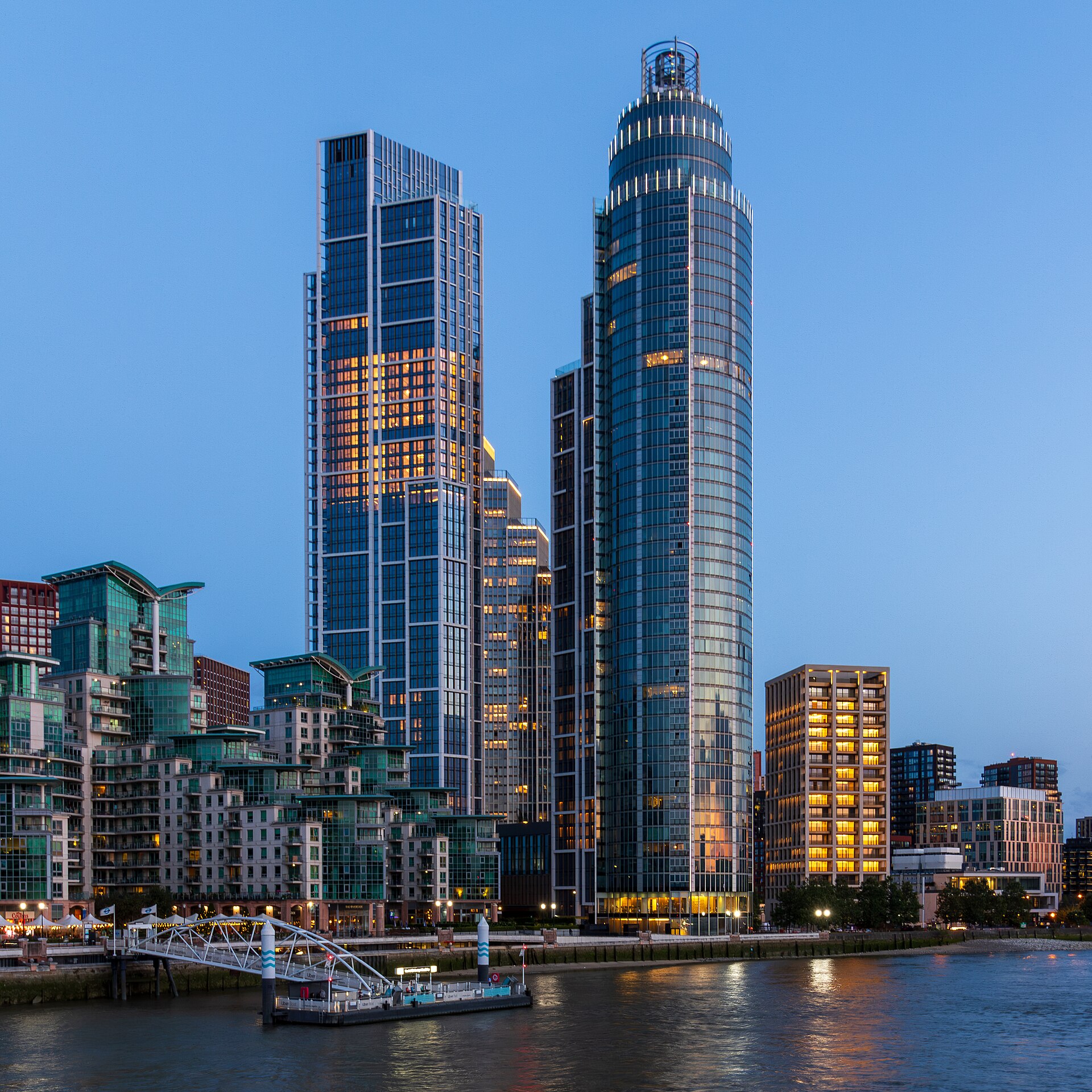 The One Nine Elms towers on the Vauxhall riverside at dusk