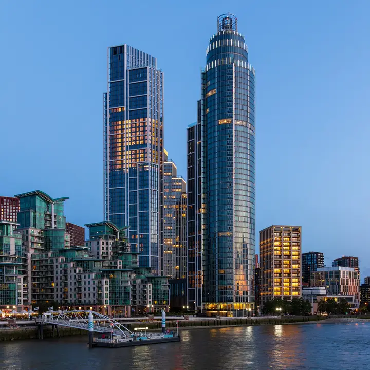 The One Nine Elms towers on the Vauxhall riverside at dusk