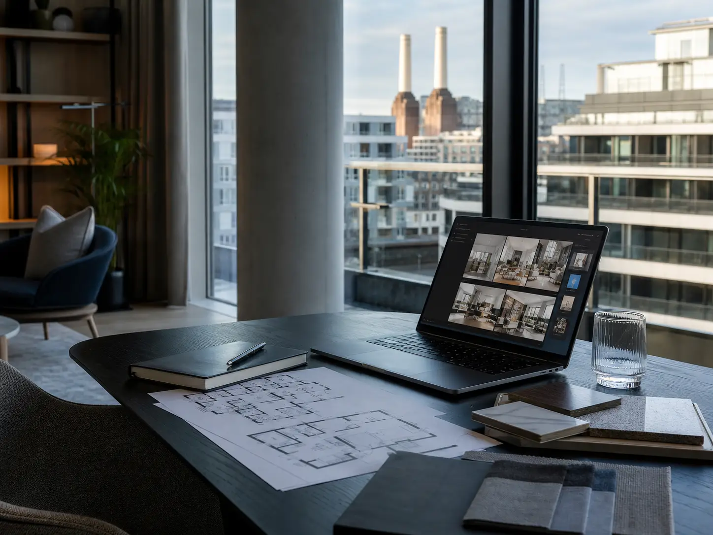 Premium property documents and materials arranged in a modern Battersea apartment setting