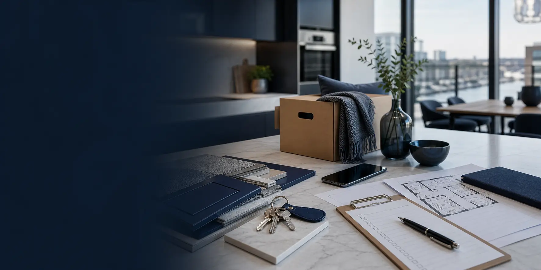 Move planning materials, keys, fabric samples, and property notes in a modern Battersea apartment