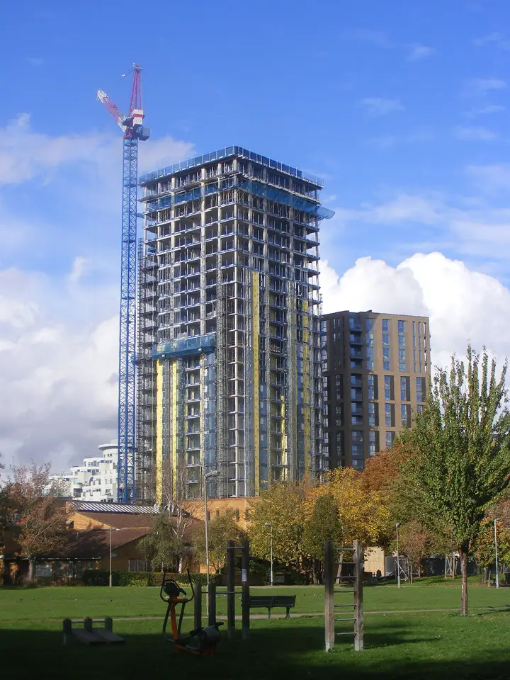 The HiLight tower under construction on the Battersea riverside, October 2025